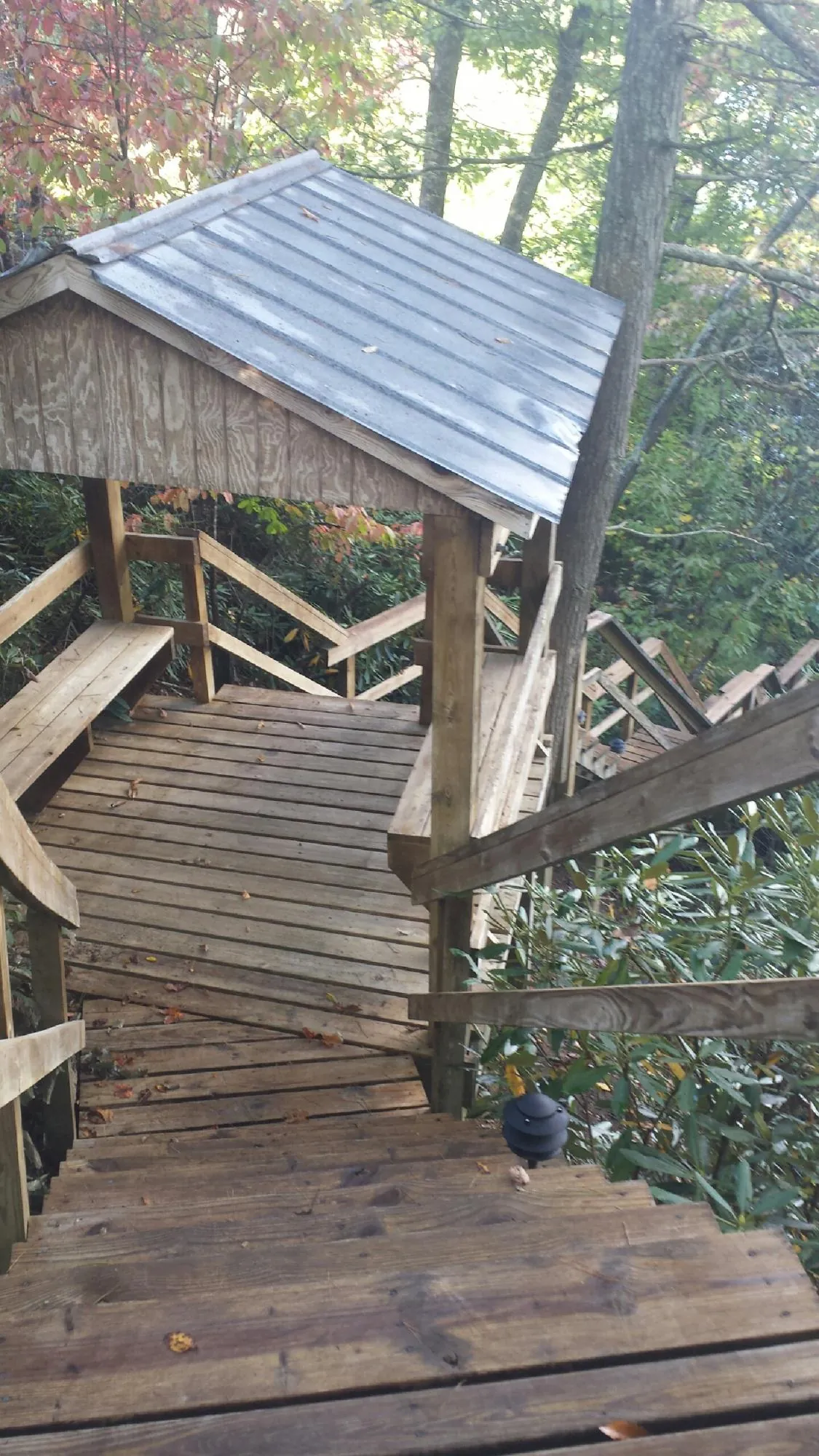 Metal roofed shelter over wooden steps on a wooded walkway — Skylight Repair & Installation work by our crew in Morrisdale